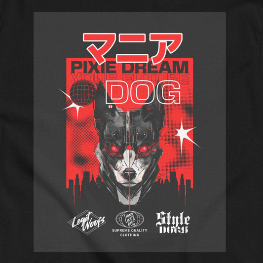 The Manic Pixie Dream Dog T-Shirt by THiNK LiKE A DOG® features a cyberpunk dog with red eyes on a black background, accented with Kanji text and the phrase "Pixie Dream Your Future Dog," perfect for streetwear fashion enthusiasts.