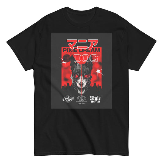 The "Manic Pixie Dream Dog T-Shirt" by THiNK LiKE A DOG® showcases a stylized cyberpunk dog graphic with bold "Pixie Dream Dog" text and Kanji design, perfect for streetwear fashion enthusiasts.