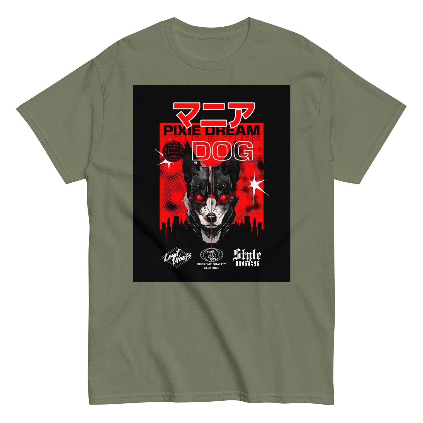 Green T-shirt by THiNK LiKE A DOG® featuring a Kanji cyberpunk dog graphic with a stylized face, red accents, and white and red "Pixel Dream Dog" text alongside various logos, blending streetwear fashion.
