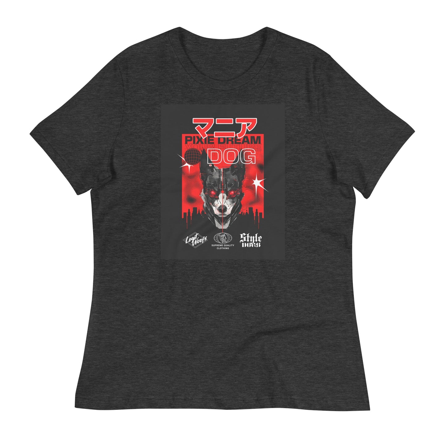 The Manic Pixie Dream Dog Women's Relaxed T-Shirt by THiNK LiKE A DOG® features a dark gray minimalist dog face with Japanese text and "Pixie Dream Dog" in red against a city skyline. Ideal for dog lovers, this stylish tee ensures all-day comfort with its relaxed fit.