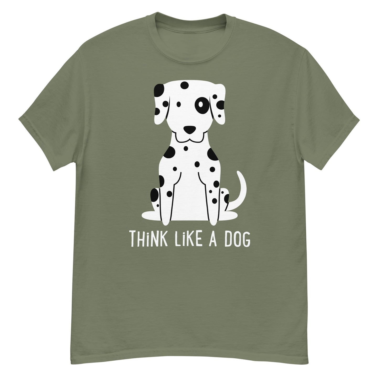 The "THiNK LiKE A DOG Classic Dalmatian Tee" by THiNK LiKE A DOG® showcases a seated black-spotted Dalmatian and the fun text "THiNK LiKE A DOG." This quirky shirt is ideal for dog enthusiasts seeking a playful addition to their wardrobe.