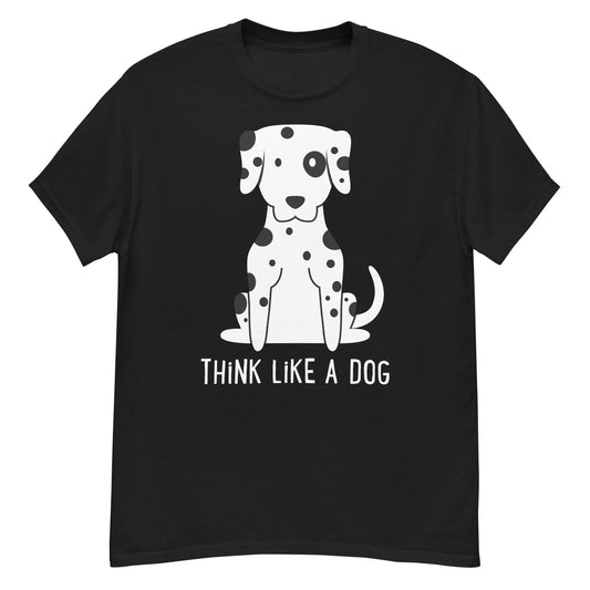 The THiNK LiKE A DOG® Classic Dalmatian Tee showcases a cartoon Dalmatian and the playful slogan "THiNK LiKE A DOG," making it an ideal shirt for dog lovers wanting to embrace their inner pup.