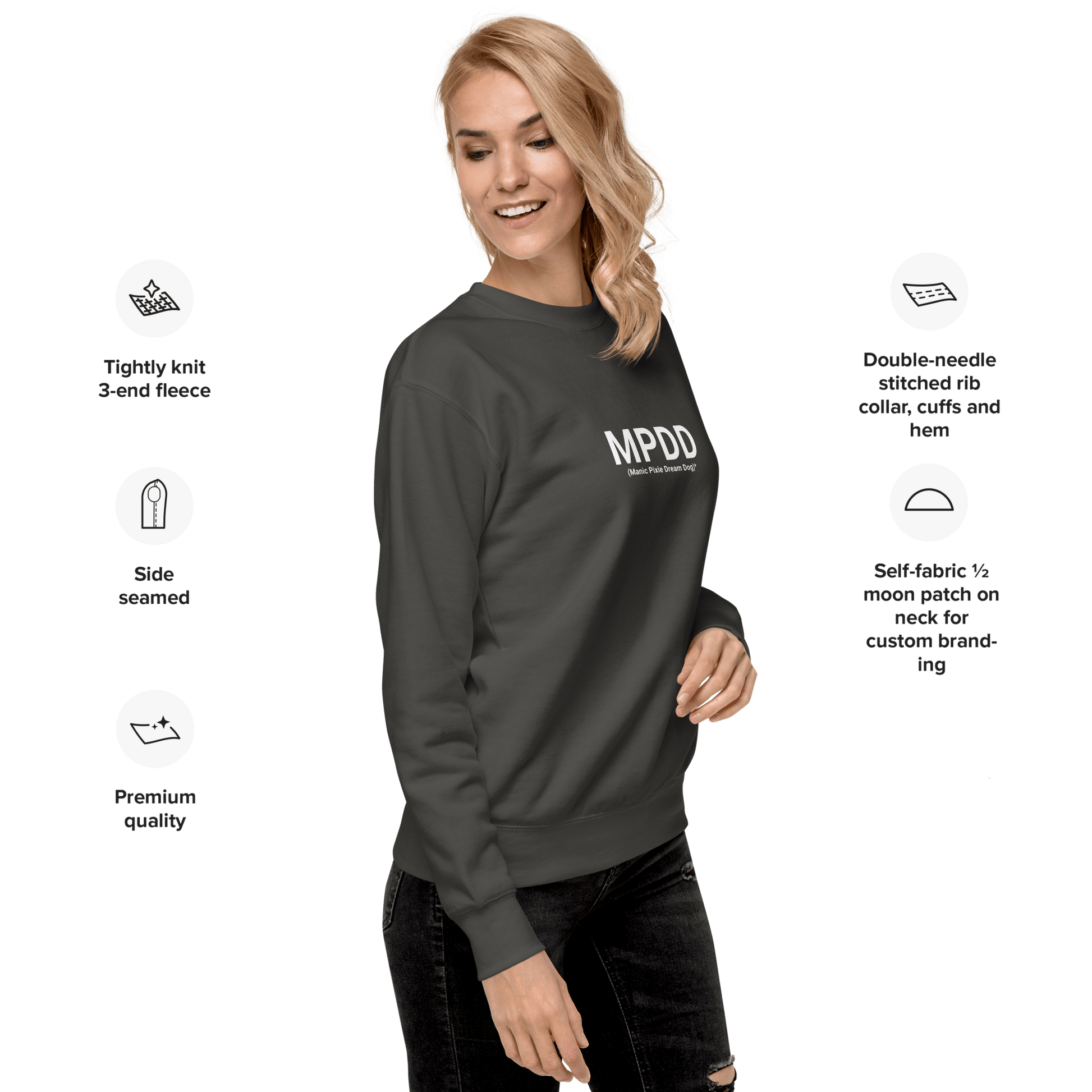 A woman wears the THiNK LiKE A DOG® Manic Pixie Dream Dog Definition Sweatshirt—minimalist, unisex, with 3-end fleece, side seaming, rib collar, premium quality & custom branding—perfect for pet lovers.