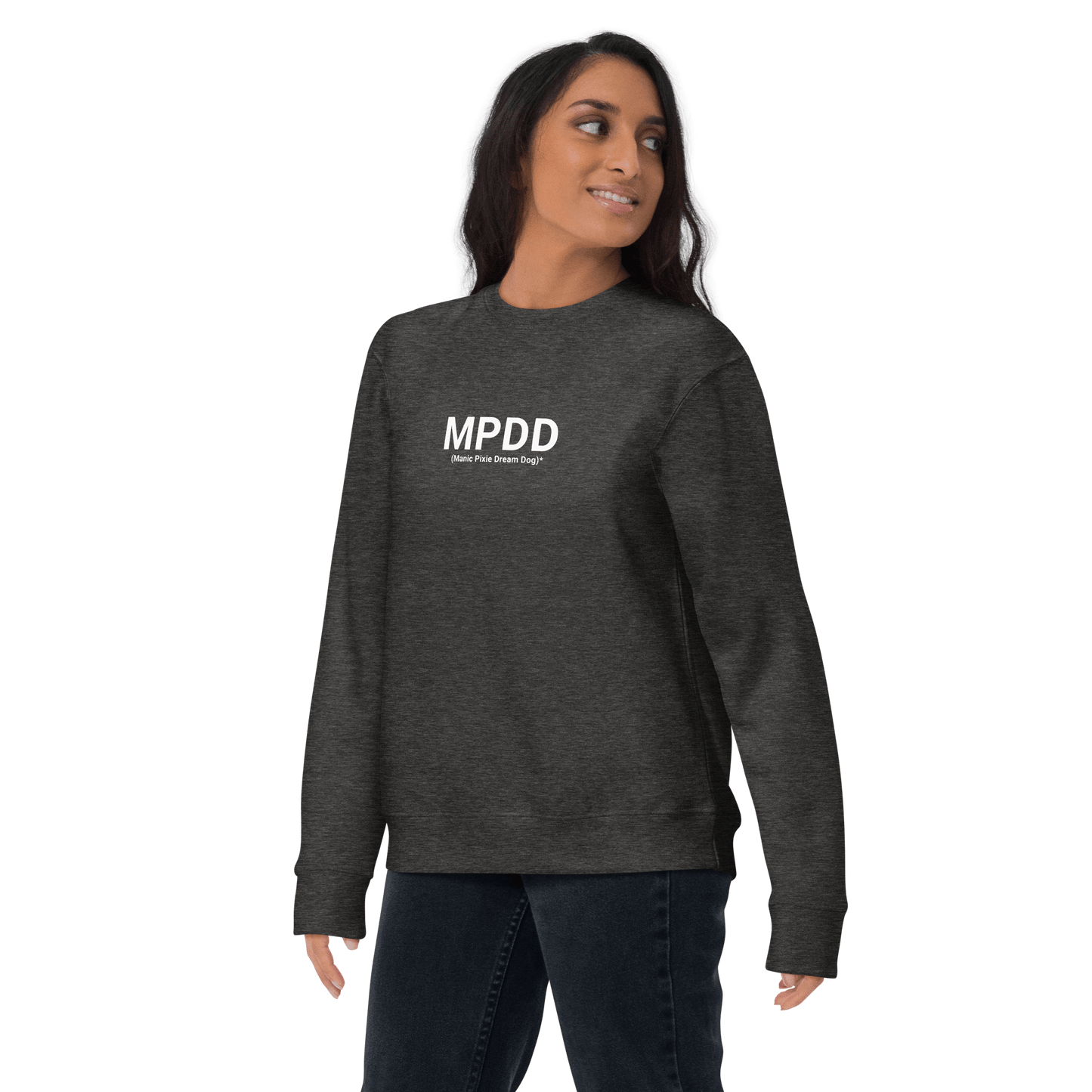 A person wears the Manic Pixie Dream Dog Definition Sweatshirt – Minimalist Comfort by THiNK LiKE A DOG®, a dark gray unisex pullover with a white definition print—an ideal minimalist gift for pet lovers, shown against a plain light background.