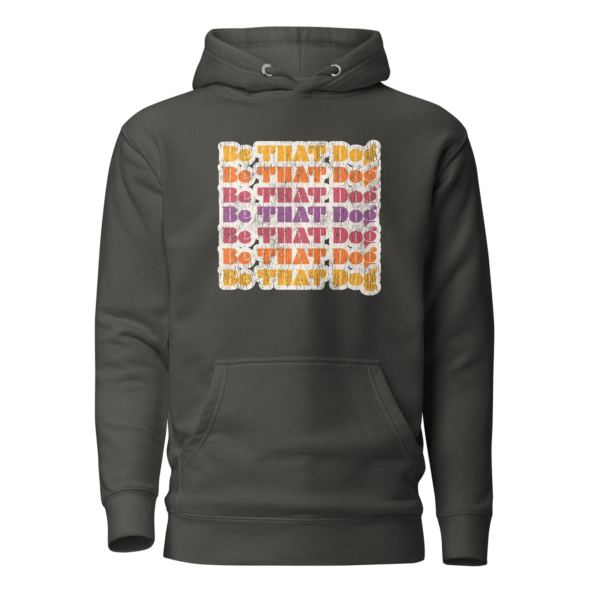The Retro Be THAT Dog Hoodie by THiNK LiKE A DOG® is a ‘70s-style unisex hoodie with dark fabric featuring multicolored "Be THAT Dog" text, ideal for dog lovers who appreciate vintage looks.