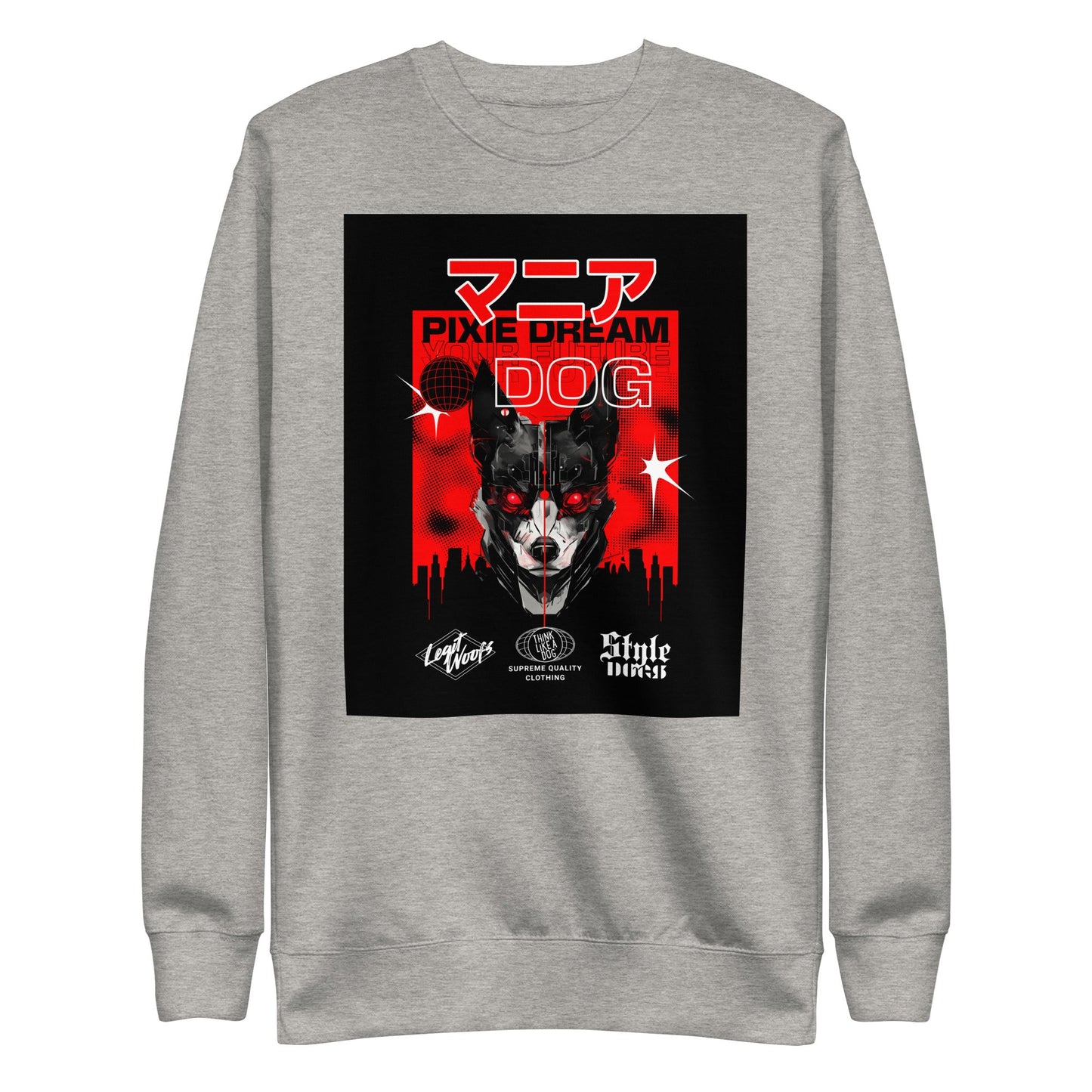 The Stylish Manic Pixie Dream Dog Sweatshirt by THiNK LiKE A DOG® showcases a gray Kanji design with a stylized dog against a black and red background, accented by Japanese characters and "PIXIE DREAM DOG." Ideal for fans of Japanese themes, it features brand logos at the bottom.