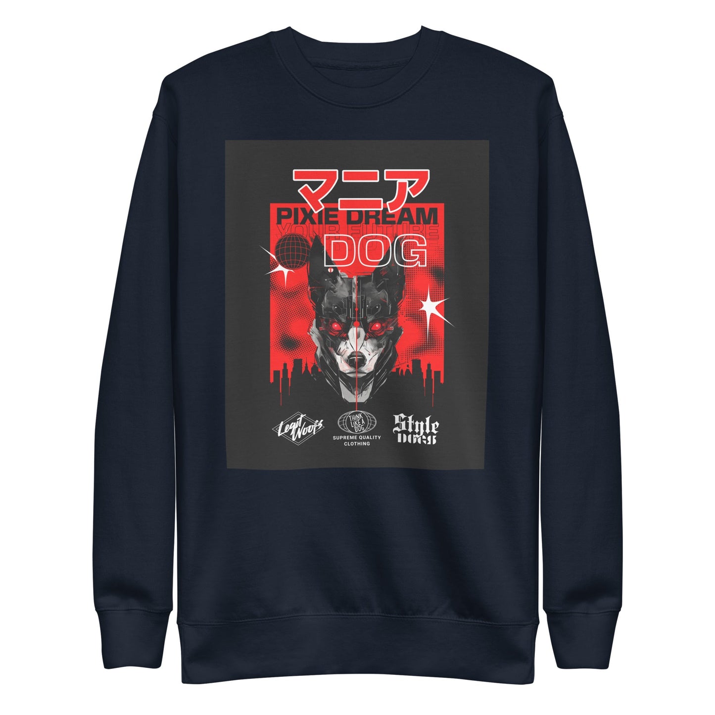 The THiNK LiKE A DOG® Stylish Manic Pixie Dream Dog Sweatshirt features a Japanese-inspired Kanji design with a stylized dog, red accents, and Japanese text—ideal for fashion-forward dog lovers.