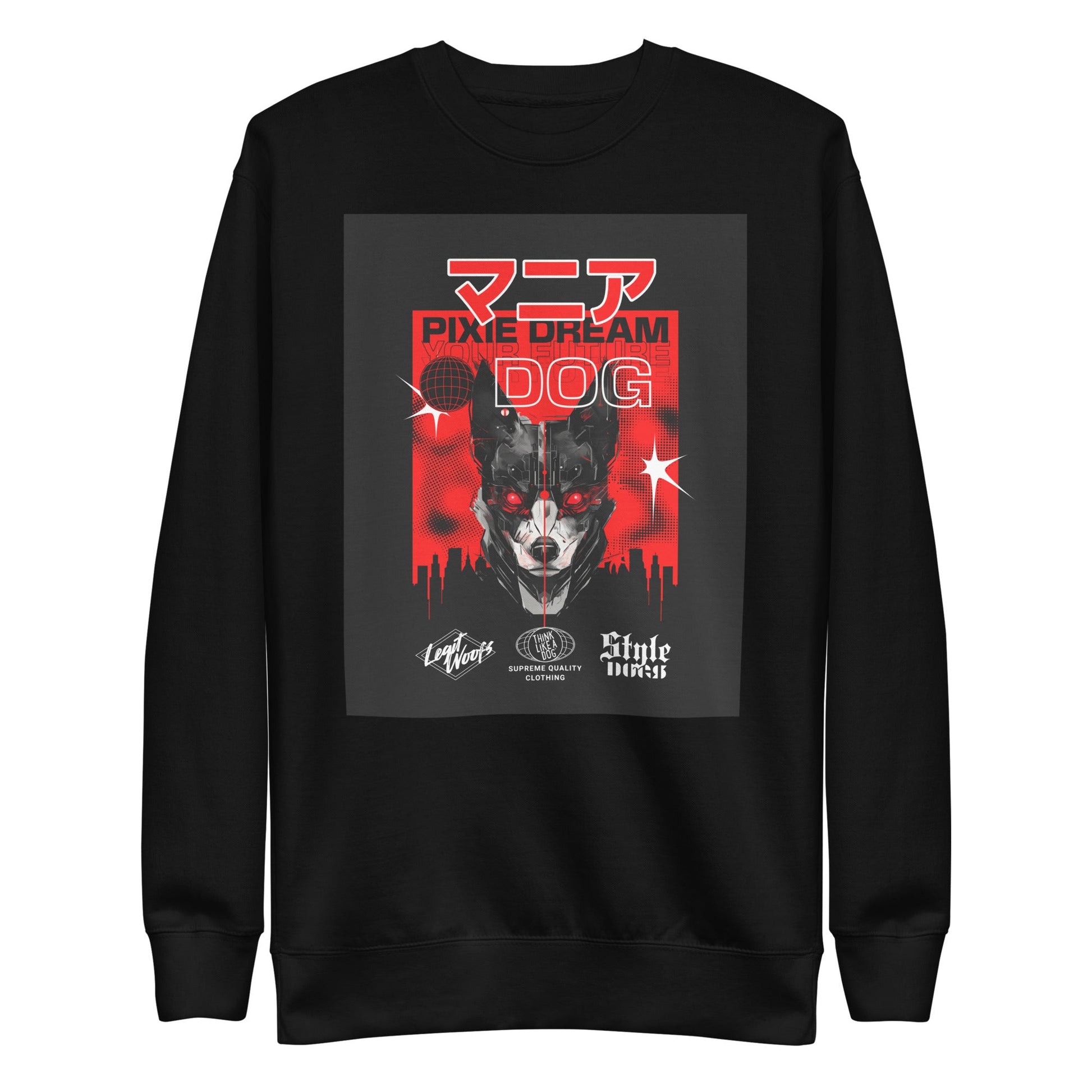 The Stylish Manic Pixie Dream Dog Sweatshirt by THiNK LiKE A DOG® is perfect for dog-lover fashionistas, featuring a black sweatshirt with a robotic dog graphic, cityscape background, red kanji text, and "PIXIE DREAM DOG" in English. Ideal for those inspired by Japanese designs.