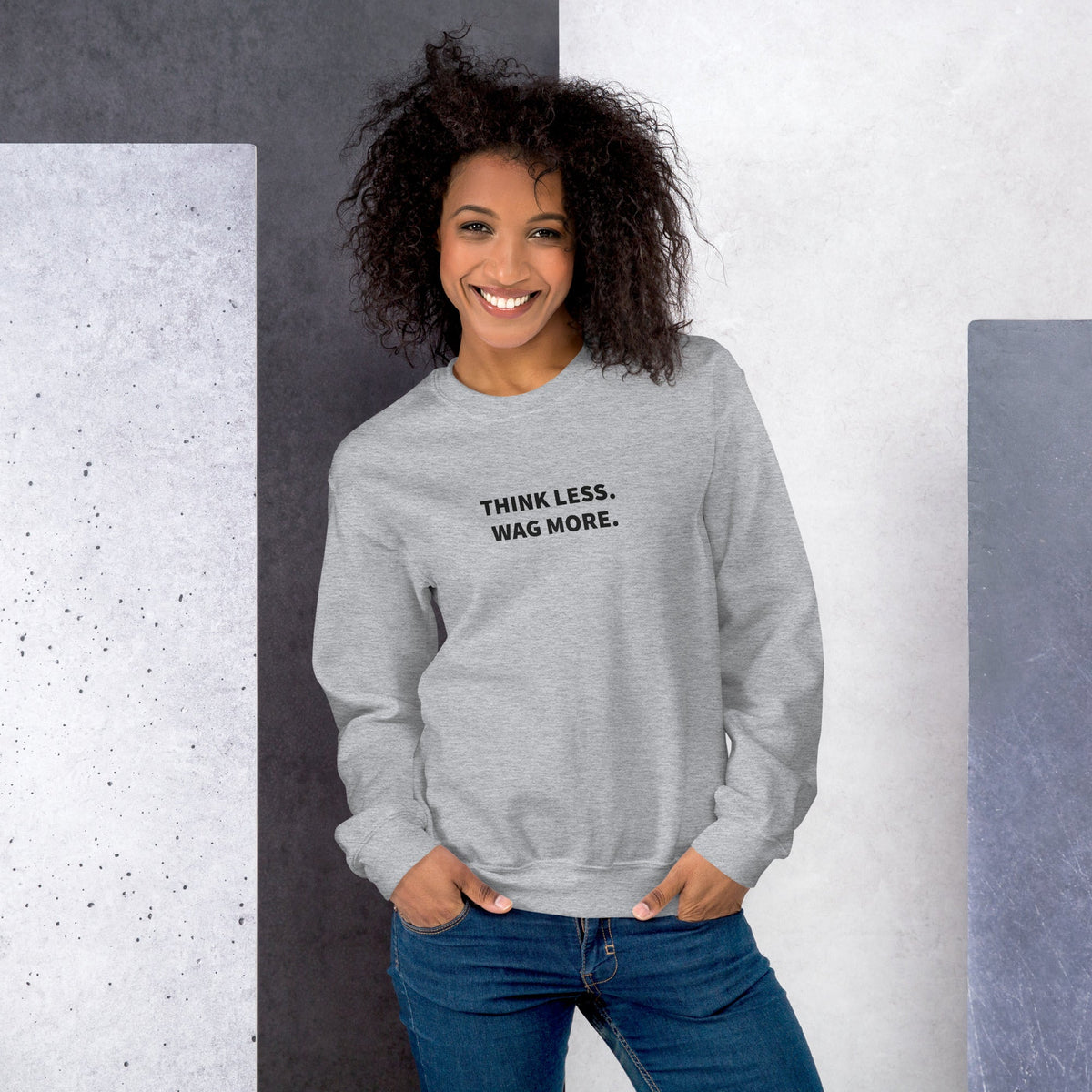 Think Less. Wag More. Dog Lover Crewneck — Grey unisex sweatshirt | THiNK LiKE A DOG®