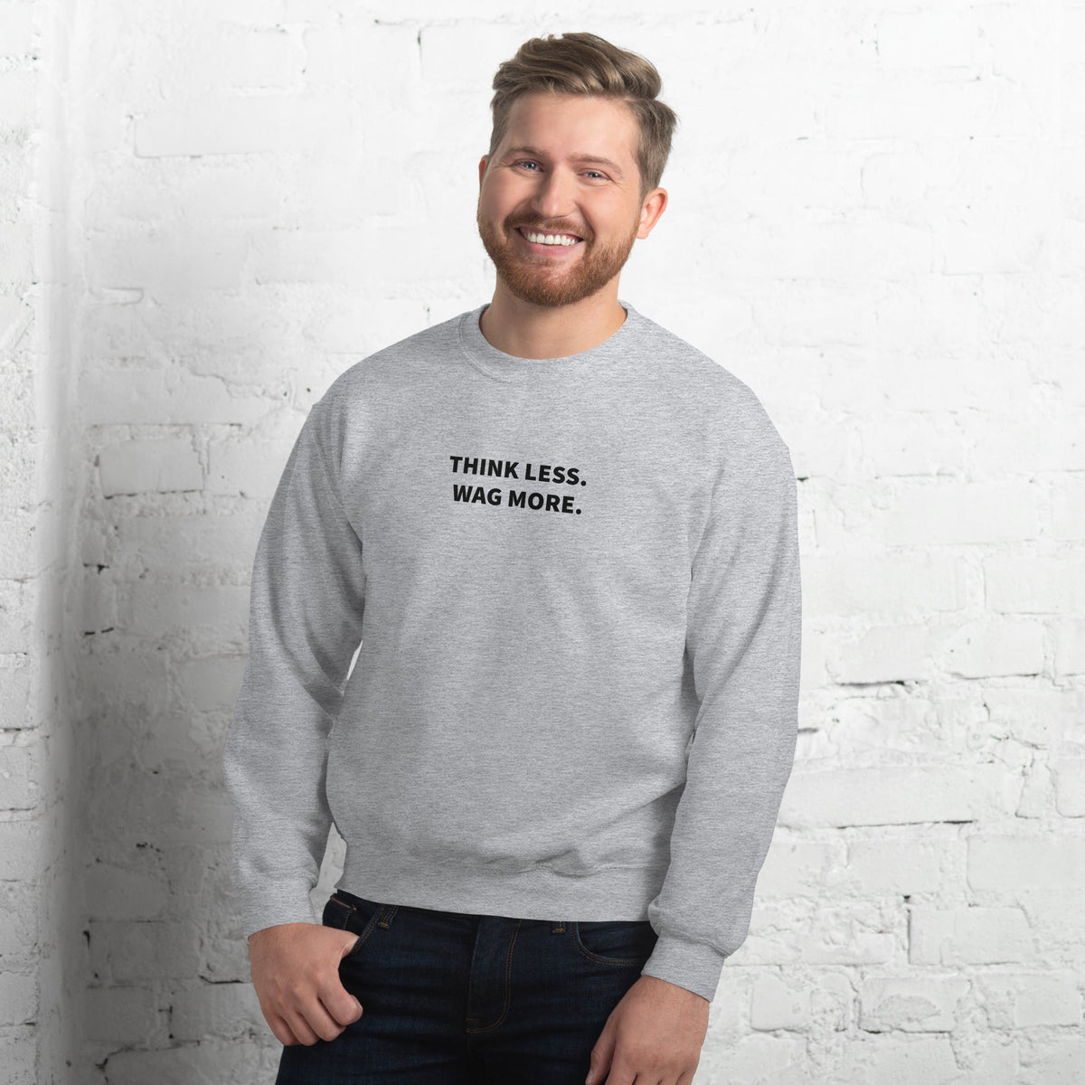 Think Less. Wag More. Dog Lover Crewneck — Grey unisex sweatshirt | THiNK LiKE A DOG®