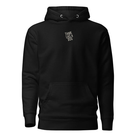 The THiNK LiKE A DOG® Hoodie offers premium comfort with a front pocket, drawstring hood, and minimalist "Think Like a Dog" text. Cozy and stylish, it's perfect for dog lovers.