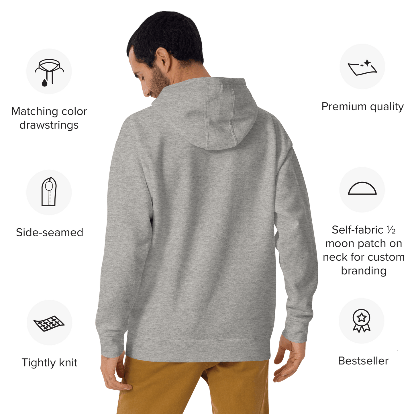 Man wearing a THiNK LiKE A DOG® Think Like a Dog Hoodie in Carbon Grey with Navy logo, viewed from the back, featuring matching drawstrings, premium quality, and bestseller status—perfect gift for dog lovers.