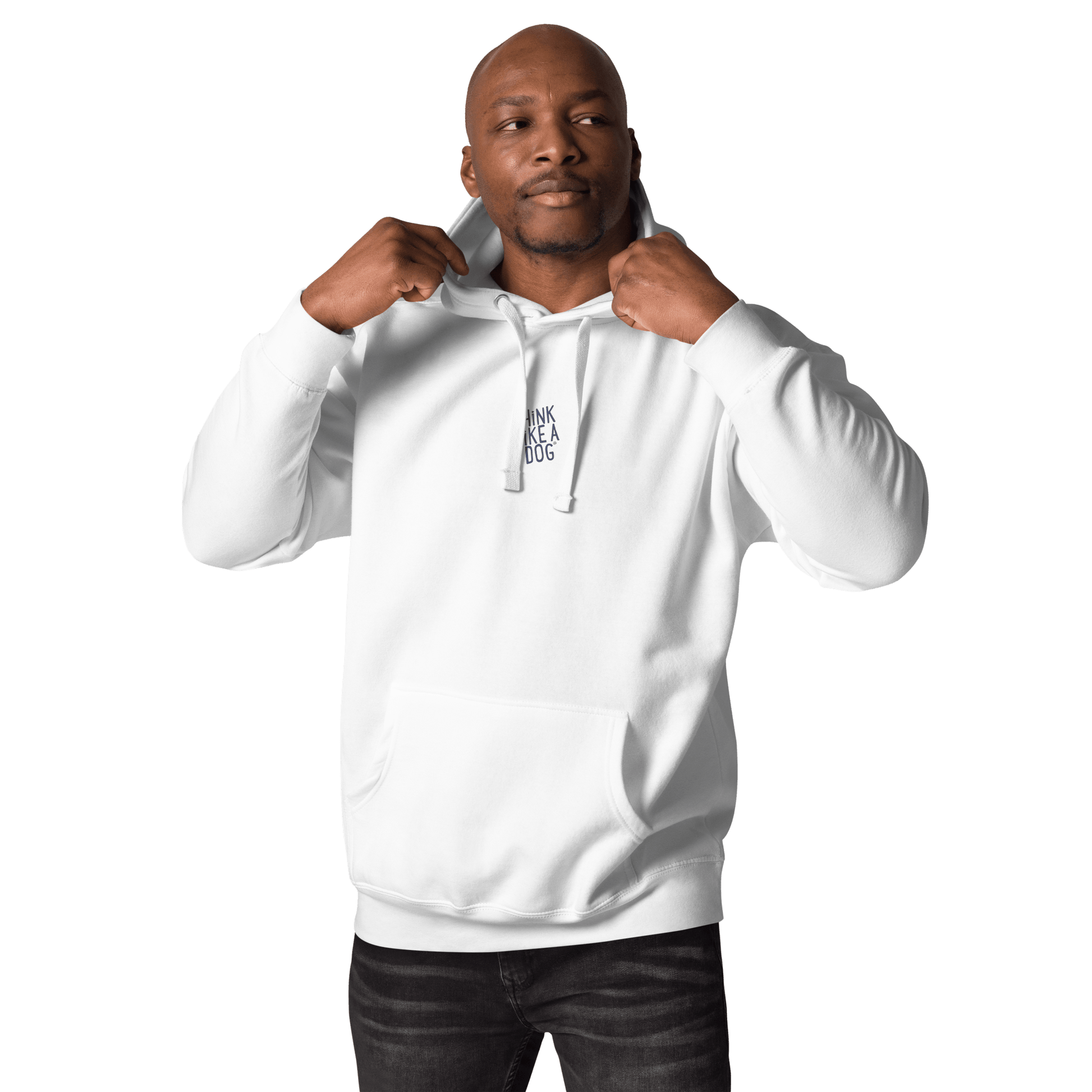 A man in a dusty rose & navy Think Like a Dog Hoodie by THiNK LiKE A DOG® with a small chest graphic adjusts the hood against a plain background—an ideal gift for dog lovers.