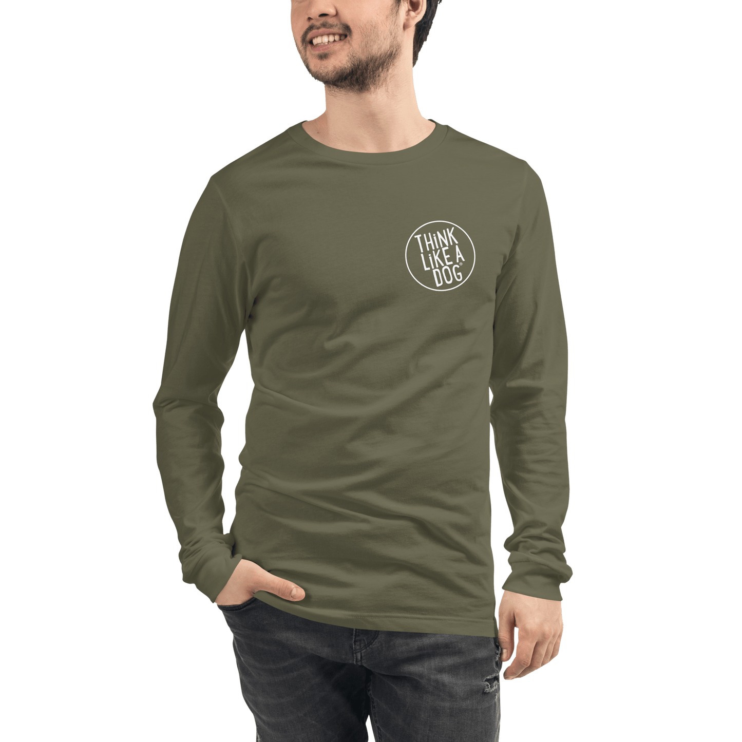 A man wearing the THiNK LiKE A DOG® Long Sleeve Tee, featuring "Think Like a Dog" on the chest, poses against an olive green background. This minimalist design is ideal for any dog lover, combining style and passion effortlessly.