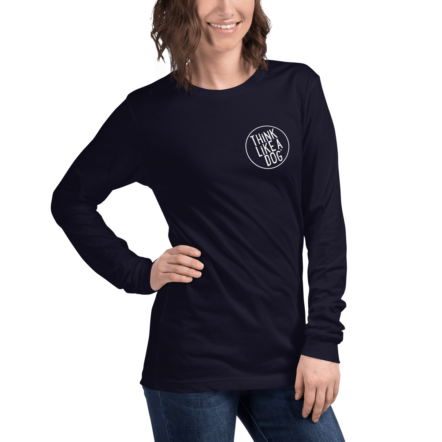 A minimalist design shows a person confidently wearing a navy THiNK LiKE A DOG® unisex long sleeve tee with "THiNK LiKE A DOG" on the chest, one hand on their hip.