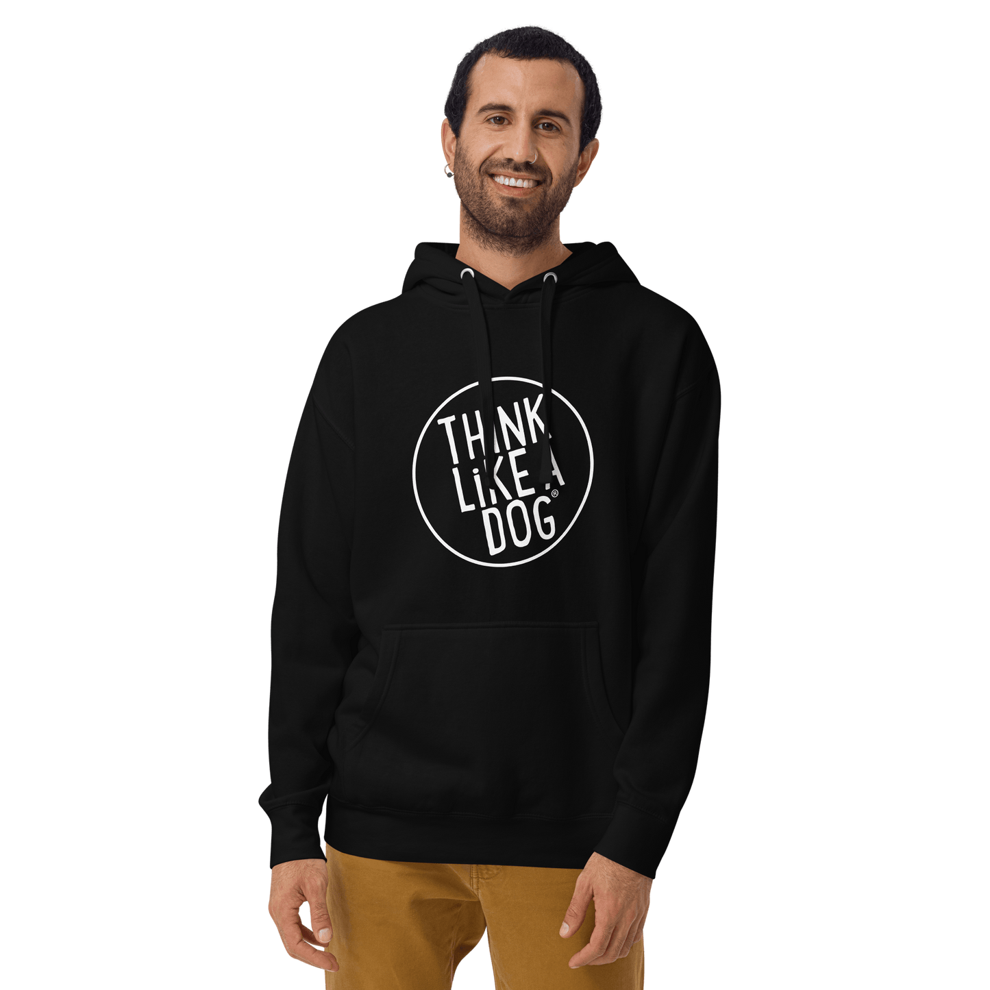 A man wears a black THiNK LiKE A DOG® Premium Hoodie, an ideal gift for dog lovers with the phrase prominently displayed on the front.