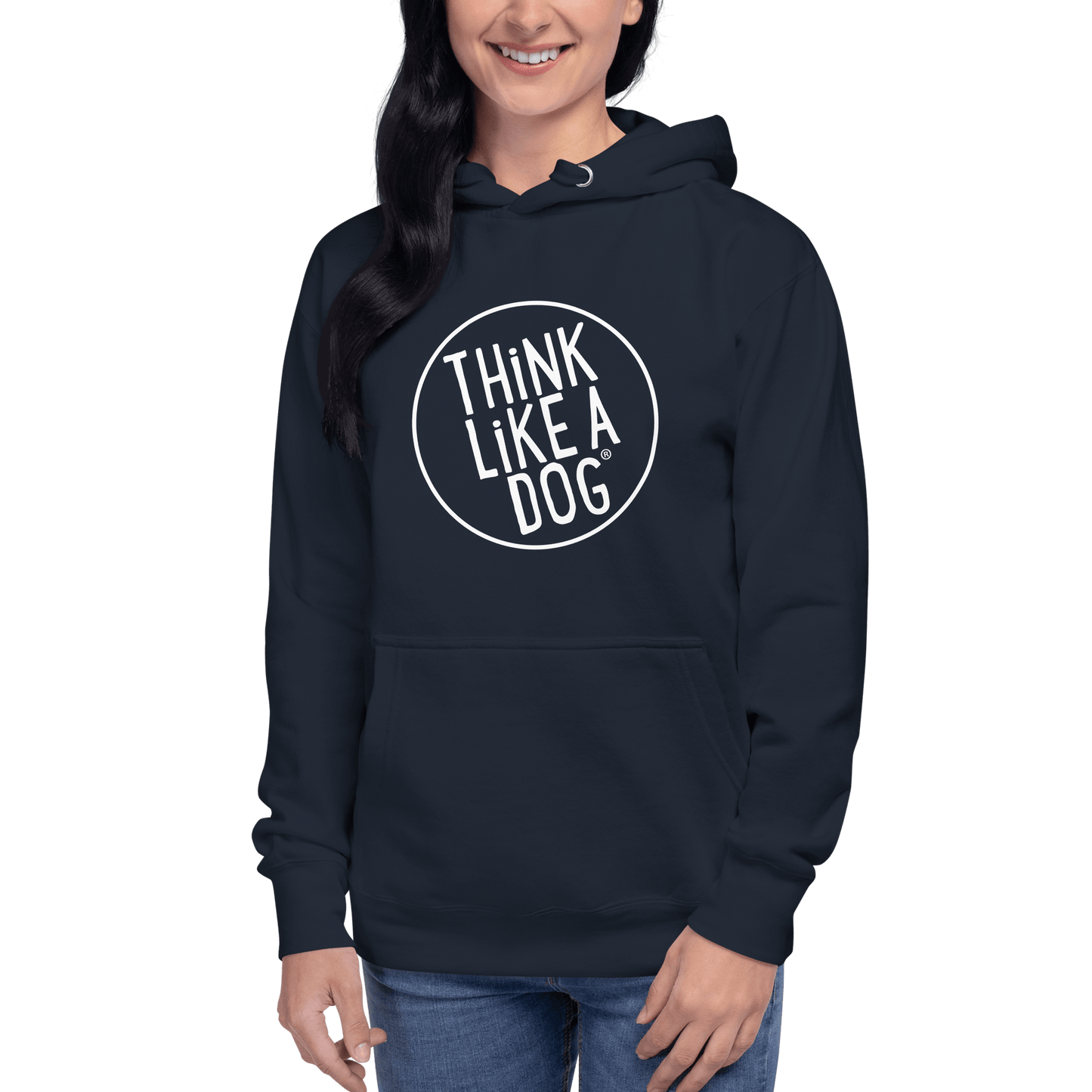 A person wearing a dark THiNK LiKE A DOG® Premium Hoodie, with "Think Like a Dog" in white on the front. Ideal for dog lovers seeking a unique gift.