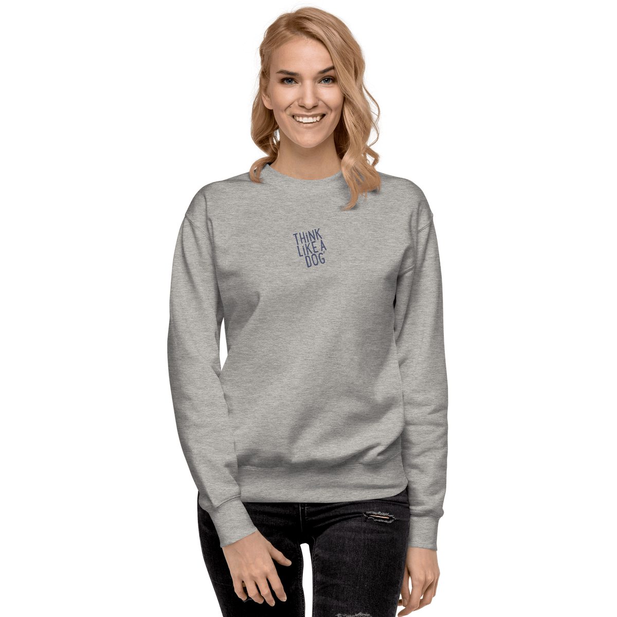 A person faces forward in the THiNK LiKE A DOG® — Carbon Grey Sweatshirt, a cozy unisex cotton fleece…
