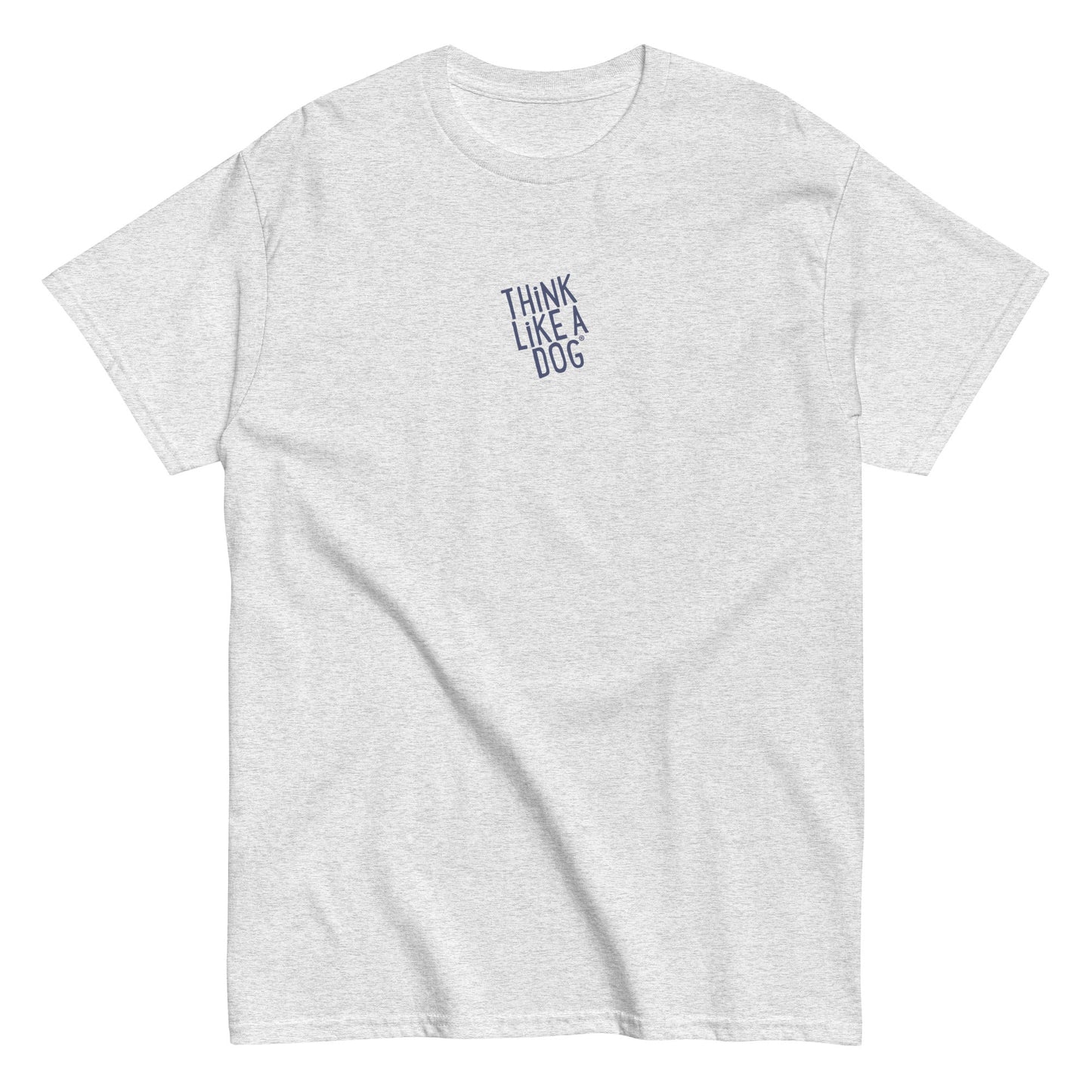 Gray THiNK LiKE A DOG® T-shirt with a minimalist blue logo, perfect for dog lovers and animal enthusiasts.