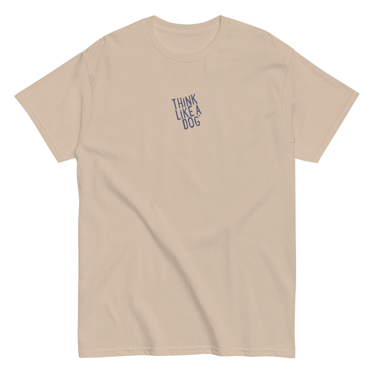 The THiNK LiKE A DOG® — Sport Grey Tee is a tan unisex tee with blue text, offering comfort and…