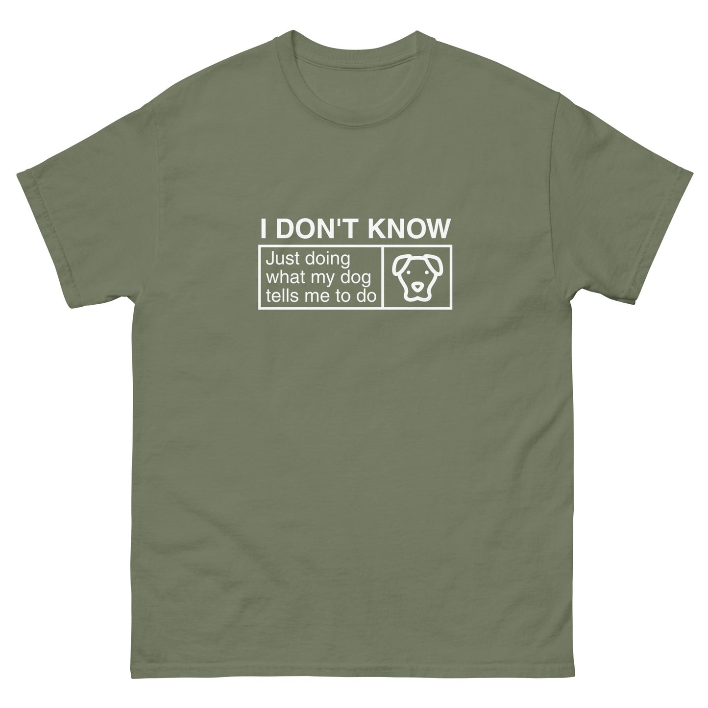 The THiNK LiKE A DOG® Funny Dog Shirt features white “Just Doing What My Dog Tells Me” text and a simple dog icon on olive green—perfect as a humorous tee or gift for dog lovers.