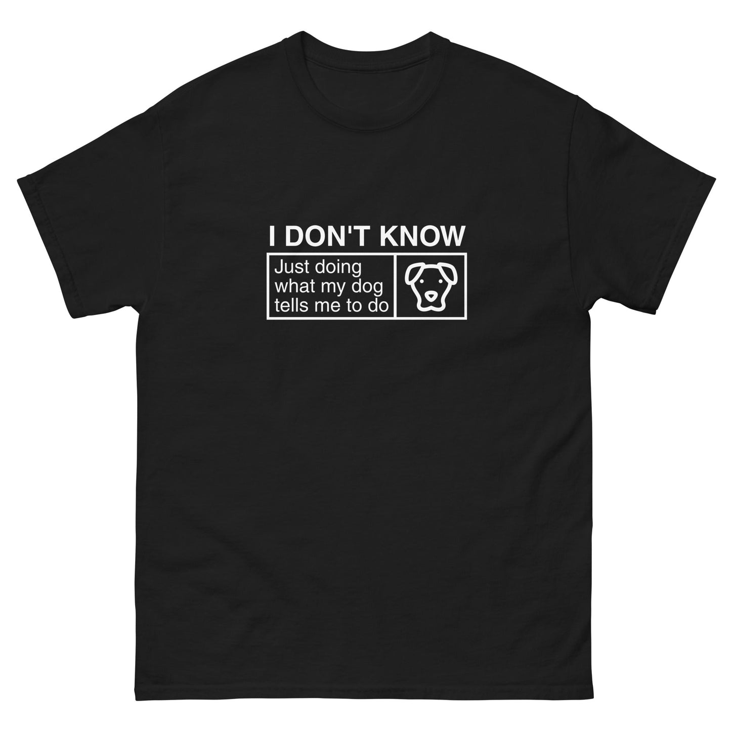 THiNK LiKE A DOG® Funny Dog Shirt – Dog Icon “Just Doing What My Dog Tells Me”; a black tee with white dog face graphic and playful text—great as a gift or fun wear for any dog lover.