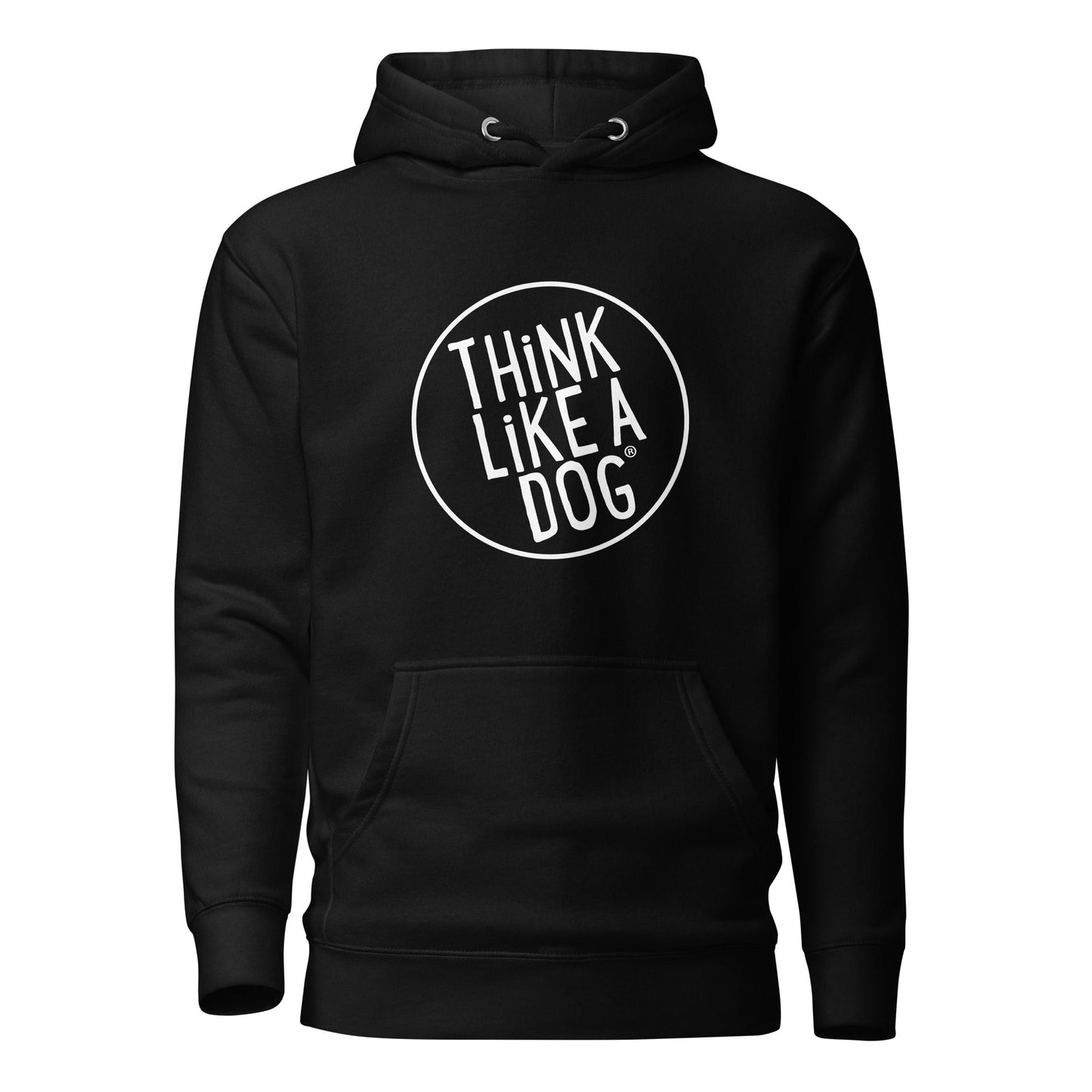 Introducing the ideal gift for dog lovers: the THiNK LiKE A DOG Premium Hoodie by THiNK LiKE A DOG®, a cozy black sweatshirt featuring "THINK LIKE A DOG" in bold white letters inside a circle on the front.