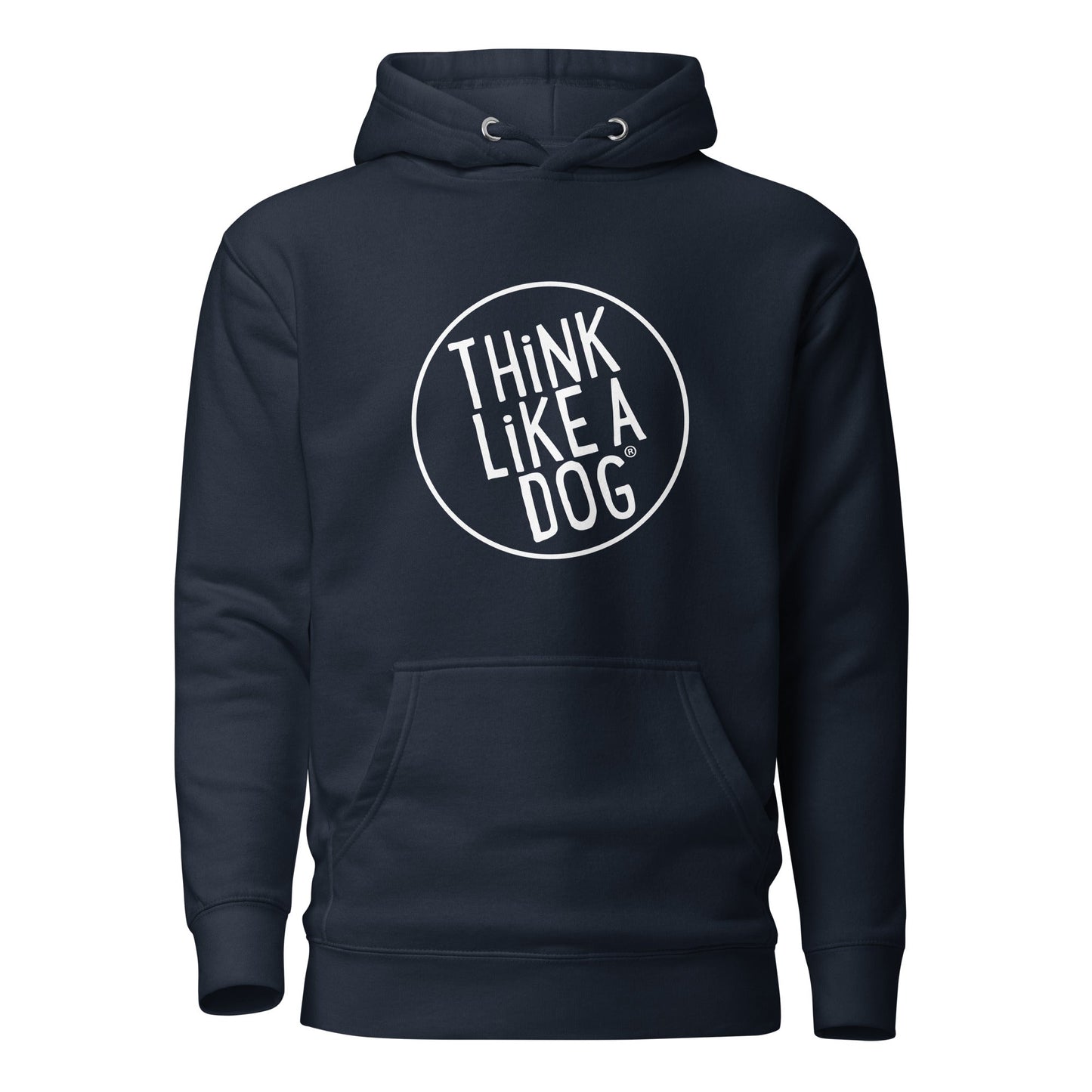 The THiNK LiKE A DOG® Premium Hoodie is the ideal gift for dog lovers, showcasing a bold white text design in a circle on a classic black background.