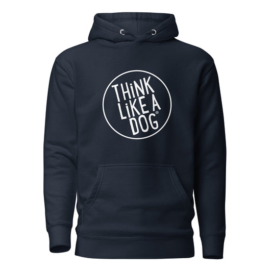 The THiNK LiKE A DOG® Premium Hoodie is the ideal gift for dog lovers, showcasing a bold white text design in a circle on a classic black background.