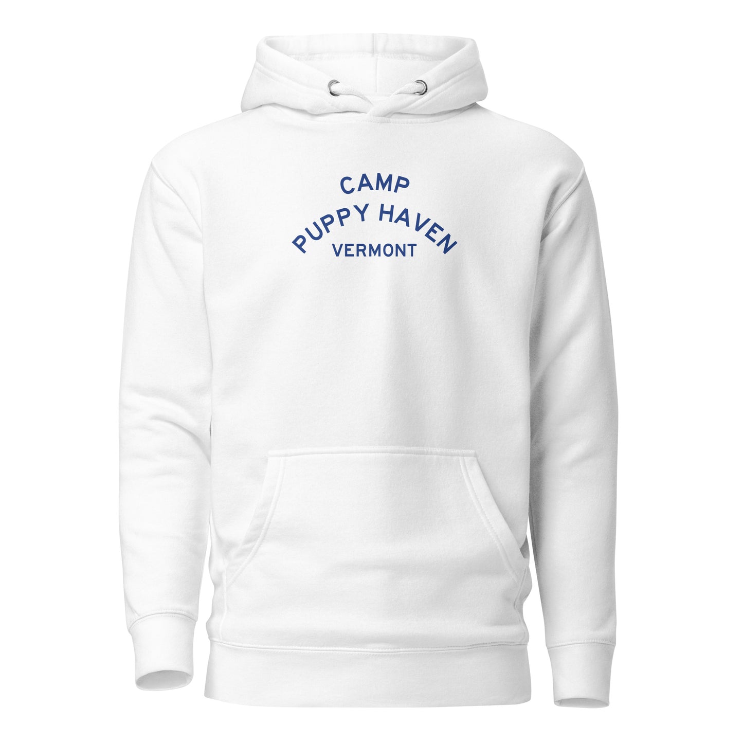 Camp Puppy Haven Vermont hoodie in White with navy three-tier camp lettering