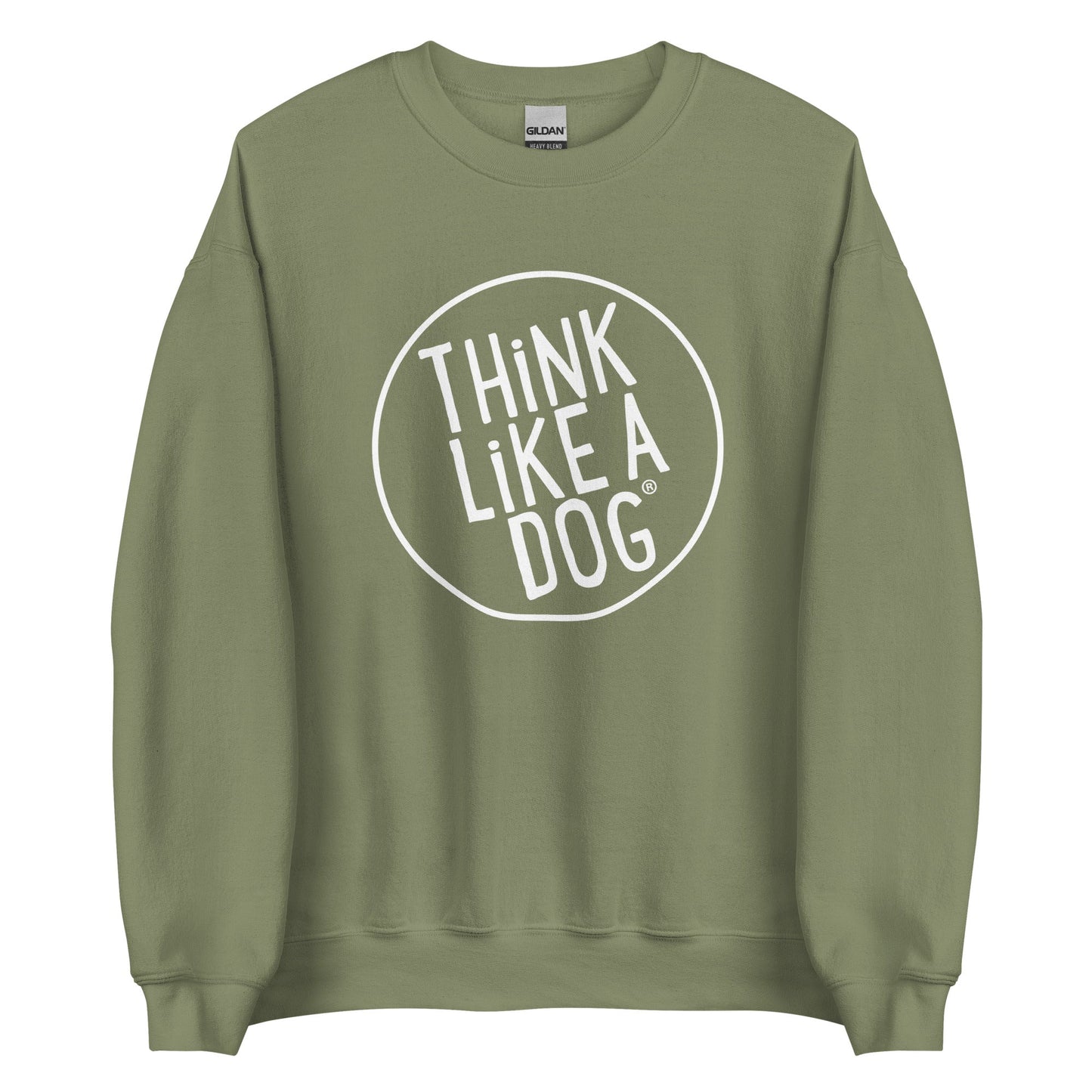 The THiNK LiKE A DOG® Unisex Crewneck Sweatshirt, featuring a large white circular "THiNK LiKE A DOG" logo on the front, is perfect dog lover apparel for boosting your confidence.