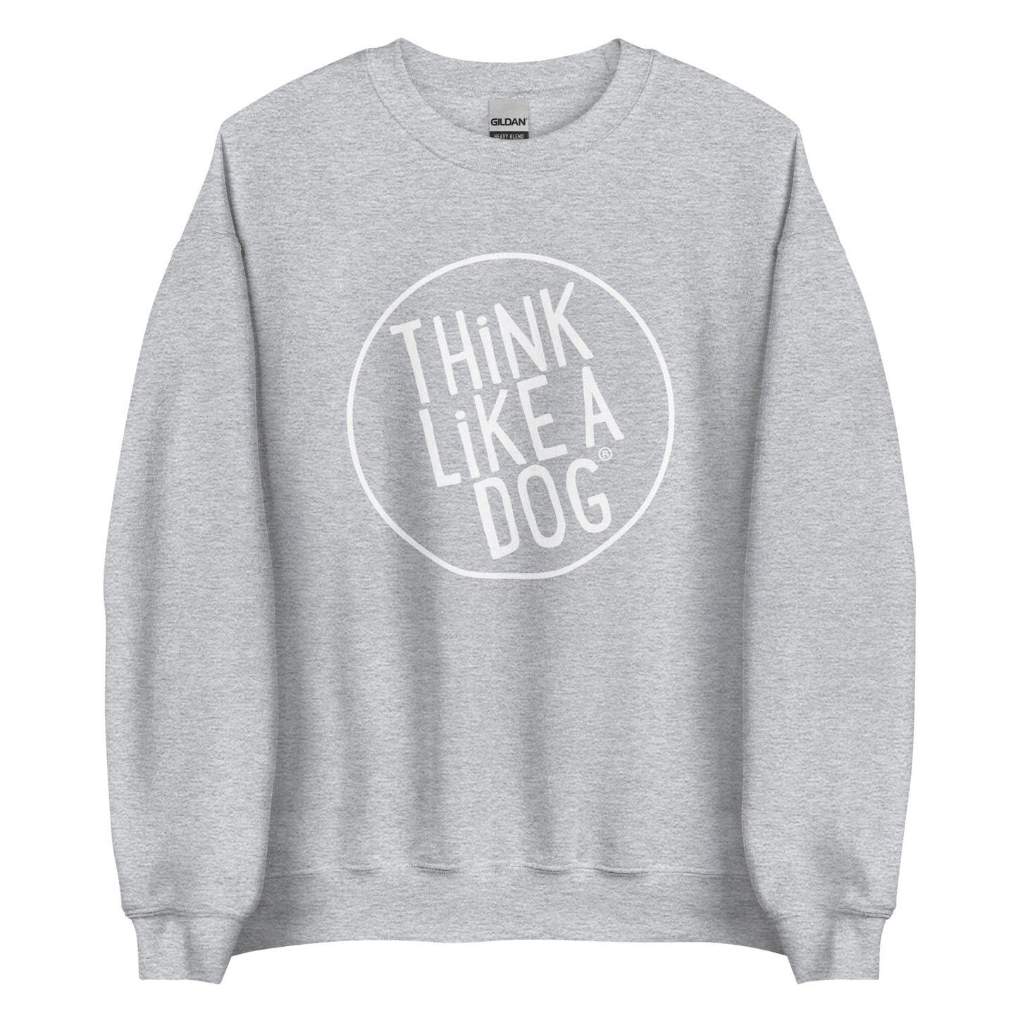 Introducing the THiNK LiKE A DOG® Unisex Crewneck Sweatshirt, featuring a large white circular logo and the bold block letters "THINK LIKE A DOG." This gray sweatshirt is the ideal piece of dog-themed apparel for any enthusiast looking to boost their confidence.