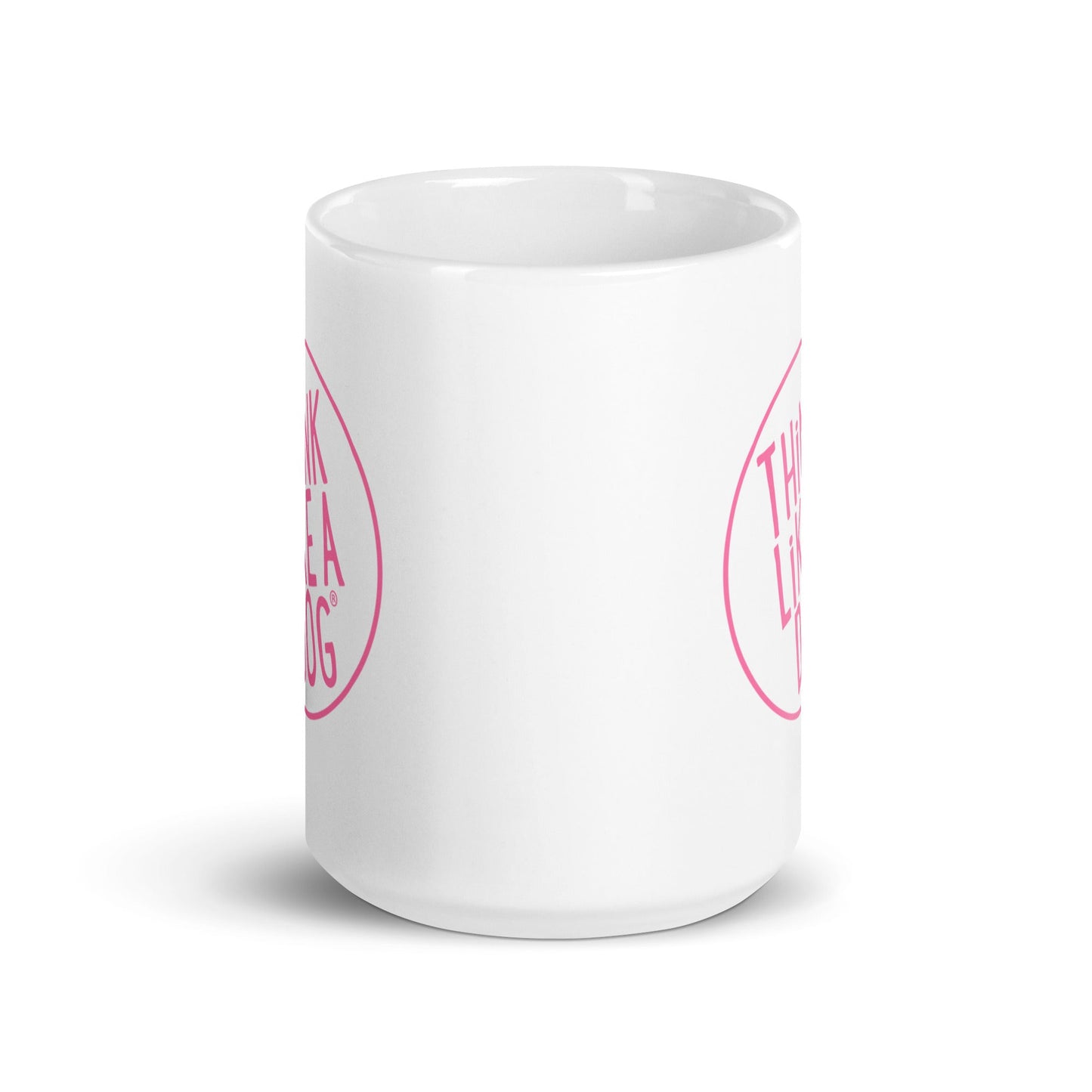The Dog Lover Mug – Think Like a Dog Pink Logo by THiNK LiKE A DOG® is a white ceramic mug with pink "THINK LIKE A DOG" text, perfect for dog moms or as a gift for any dog lover.