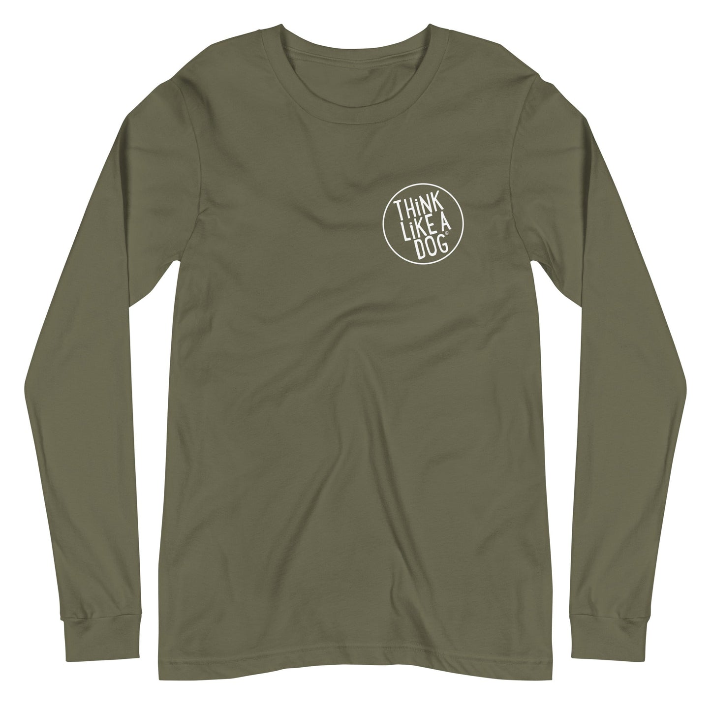Green unisex long sleeve tee featuring a minimalist design with "THiNK LiKE A DOG" in white on the upper left. Ideal for any dog lover collection. Brand: THiNK LiKE A DOG®.