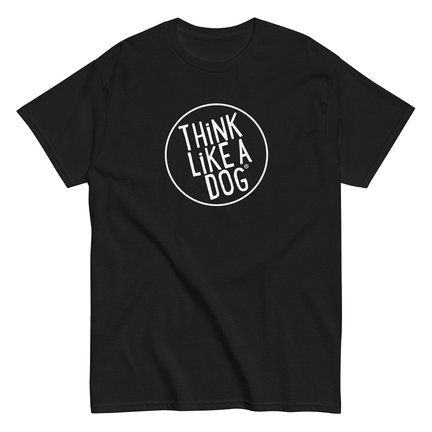 The THiNK LiKE A DOG® Classic Men's Tee features a circular logo with "THiNK LiKE A DOG" in bold white letters, perfect for dog lovers to showcase their passion stylishly.