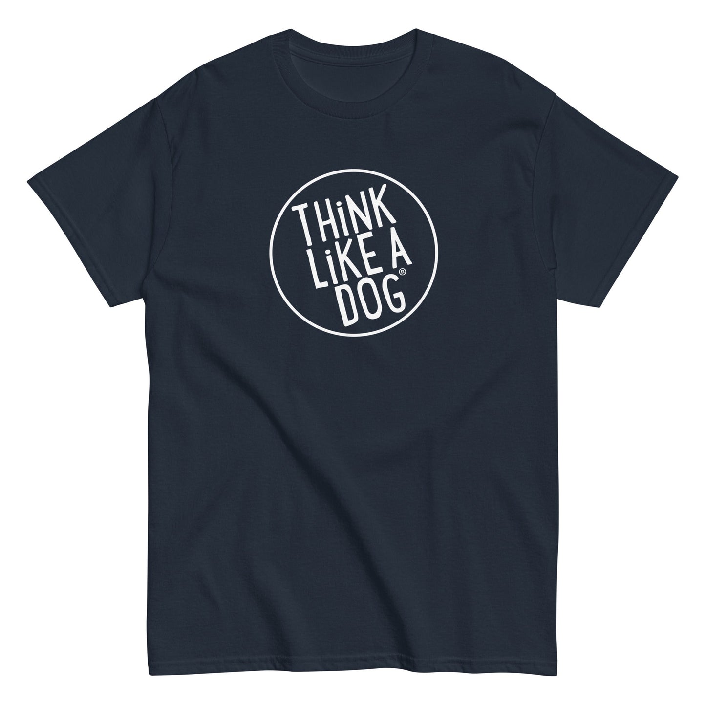 Express your love for dogs with the Classic Men's Tee by THiNK LiKE A DOG®, showcasing a white "THiNK LiKE A DOG" logo. Perfect for those who appreciate canine wisdom, this shirt is a must-have for ultimate dog lovers.