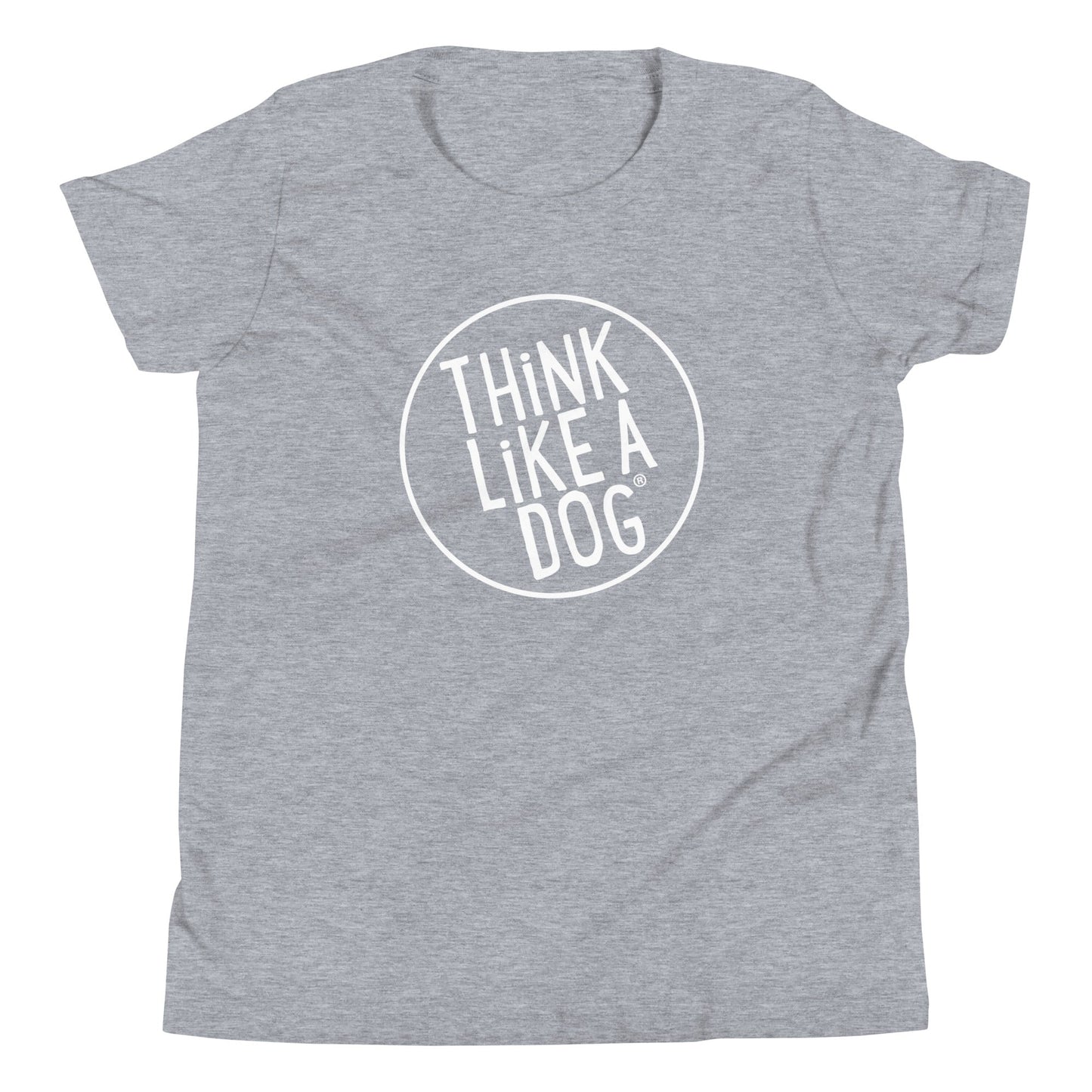 This gray Kids' Short Sleeve T-Shirt from THiNK LiKE A DOG® features a white text logo inside a circle that reads "THINK LIKE A DOG.