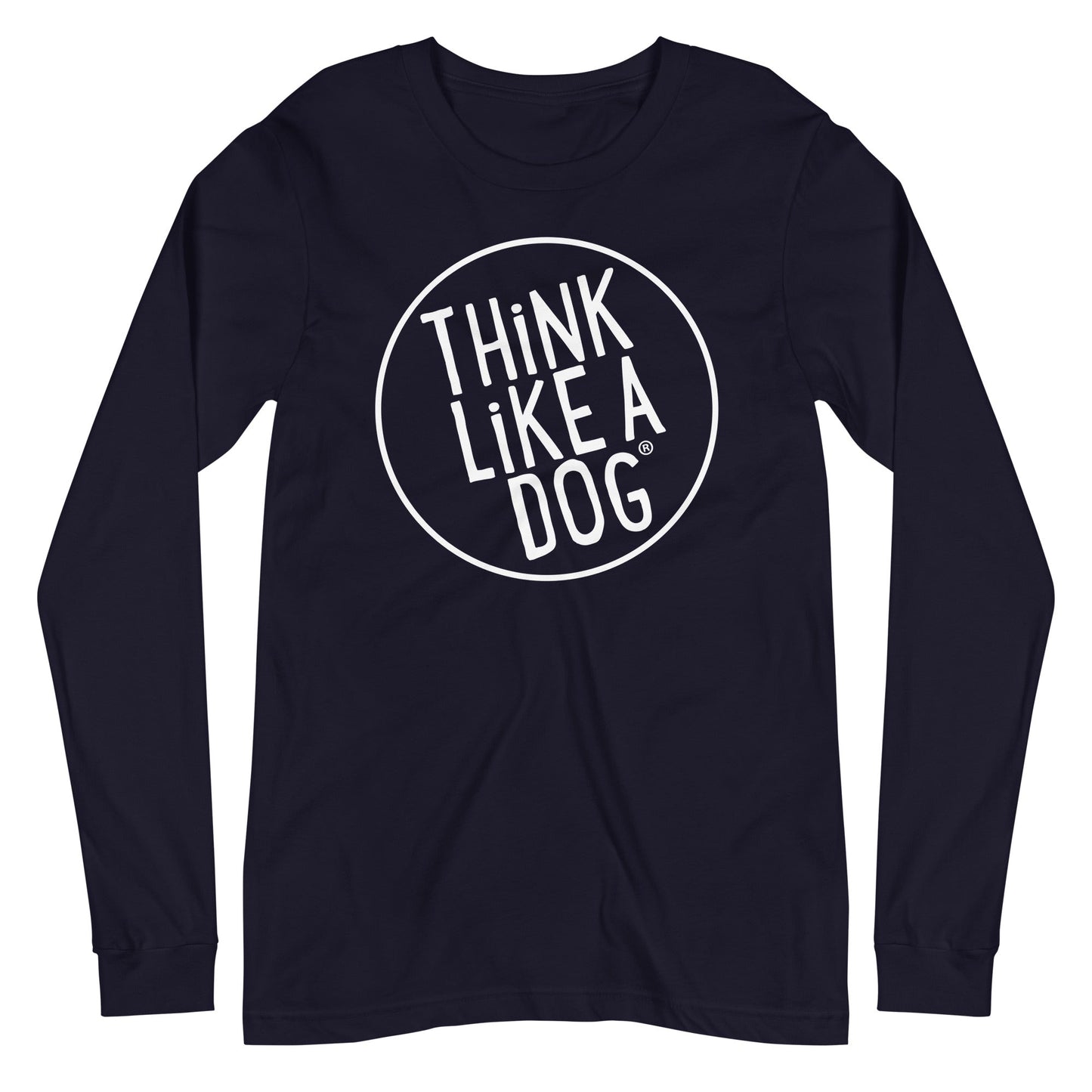 A stylish Unisex Long Sleeve Tee by THiNK LiKE A DOG® showcases the phrase "THINK LIKE A DOG" in white, encased in a circular design on the front. This black shirt is perfect for dog lovers and makes a statement with its unique logo.