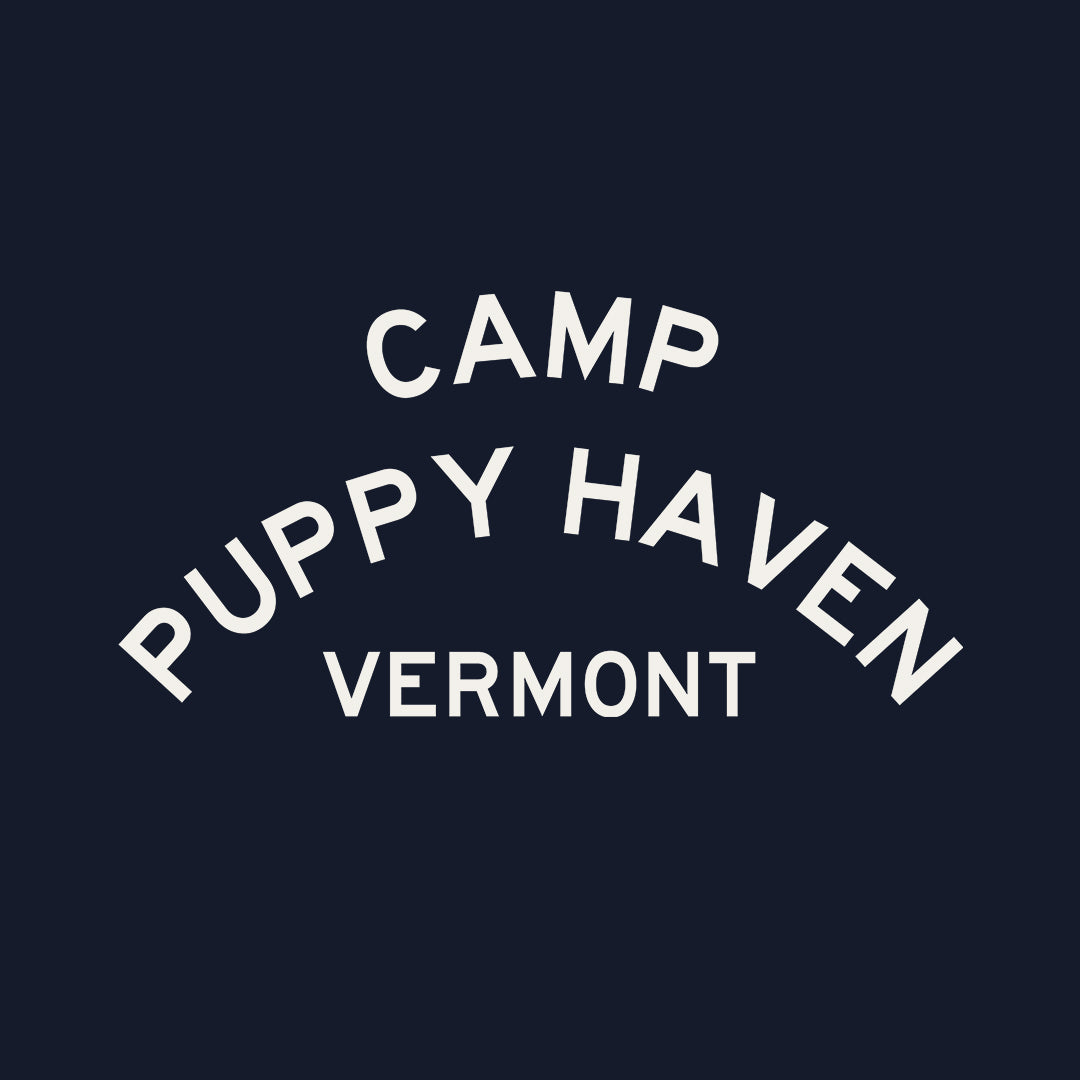 Camp Puppy Haven Vermont print design in cream, three-tier camp lettering in Highway Gothic, est. 1974