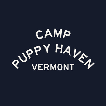 Camp Puppy Haven Vermont print design in cream, three-tier camp lettering in Highway Gothic, est. 1974