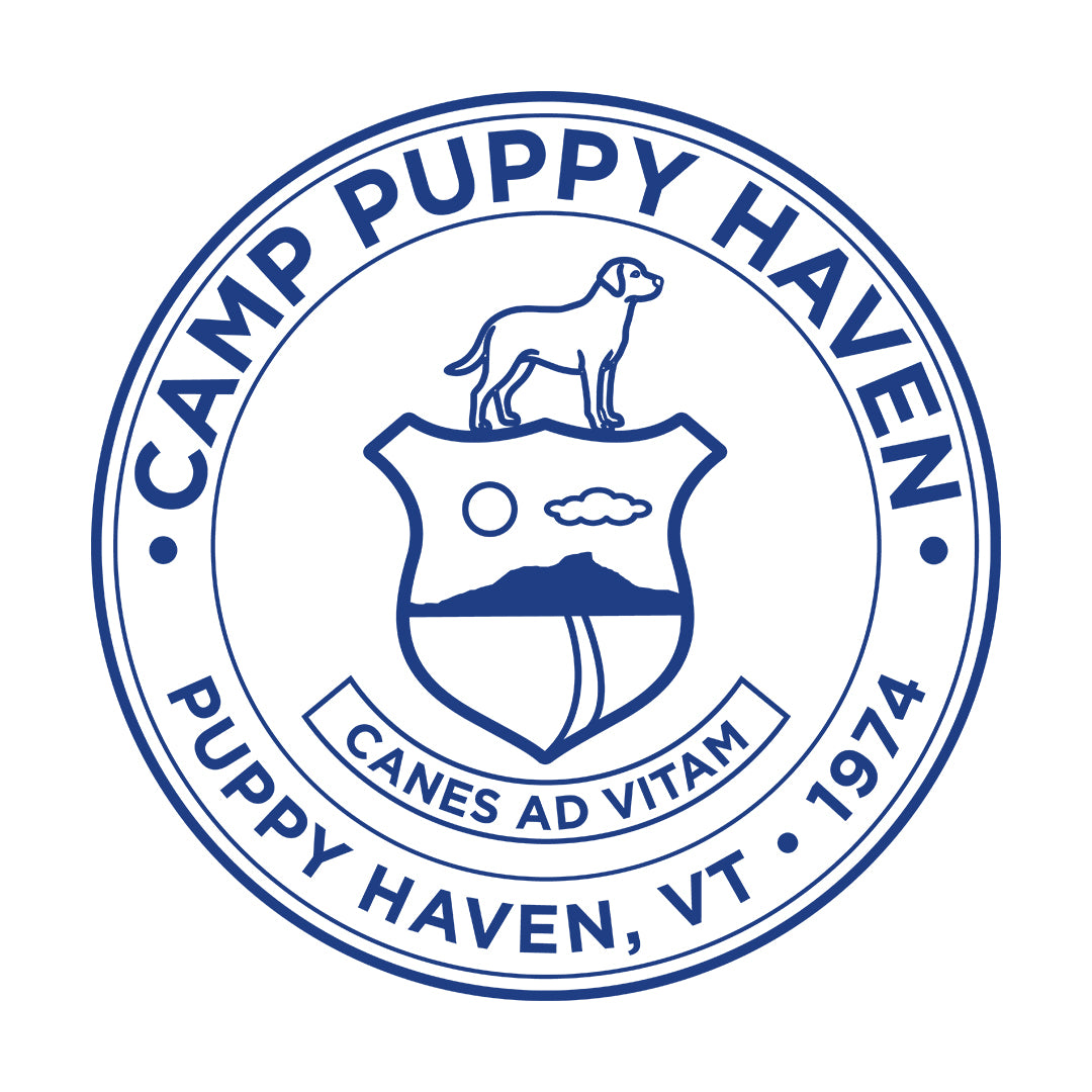 Camp Puppy Haven badge seal artwork in navy on white, Canes Ad Vitam, Puppy Haven VT 1974