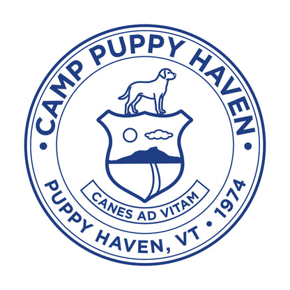 Camp Puppy Haven badge seal artwork in navy on white, Canes Ad Vitam, Puppy Haven VT 1974