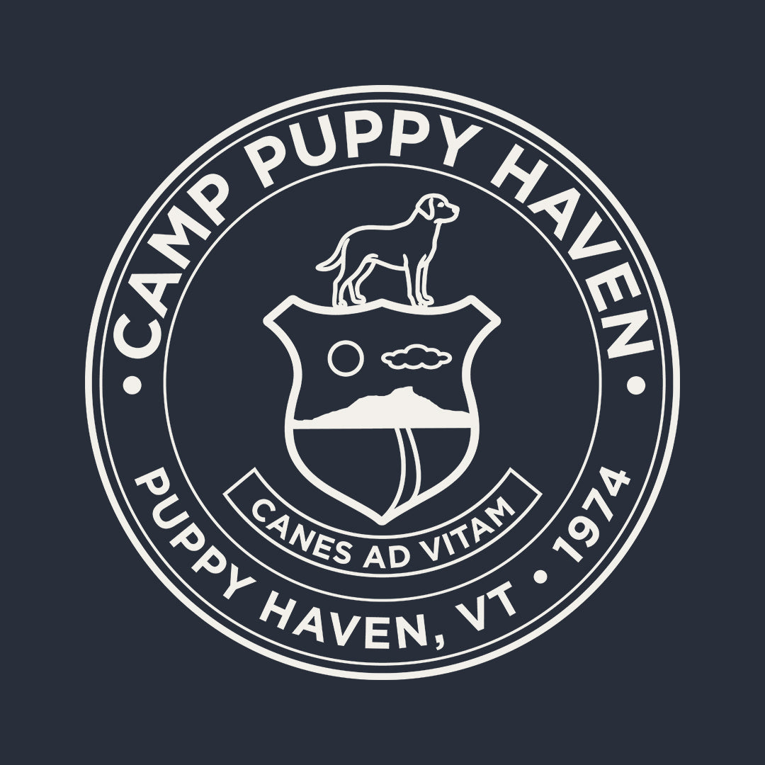 Camp Puppy Haven badge seal design, cream on navy, Canes Ad Vitam, Puppy Haven VT 1974