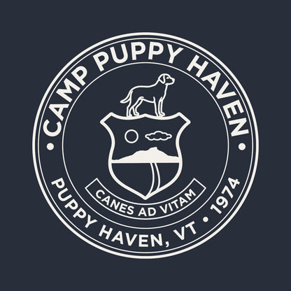Camp Puppy Haven badge seal design, cream on navy, Canes Ad Vitam, Puppy Haven VT 1974