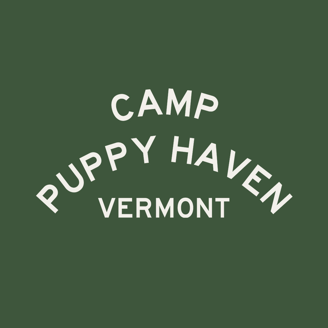 Camp Puppy Haven Vermont print design, three-tier camp lettering in Highway Gothic, est. 1974