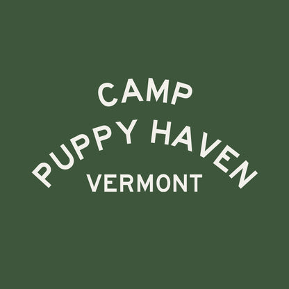 Camp Puppy Haven Vermont print design, three-tier camp lettering in Highway Gothic, est. 1974