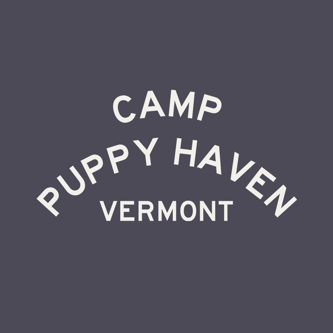 Camp Puppy Haven Vermont print design, three-tier camp lettering in Highway Gothic, est. 1974