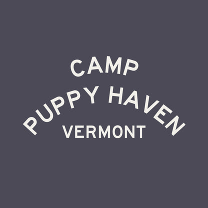 Camp Puppy Haven Vermont print design, three-tier camp lettering in Highway Gothic, est. 1974