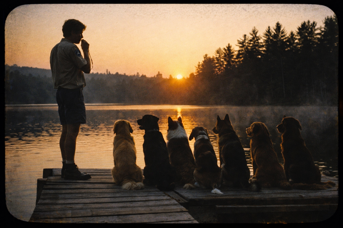 Man with dogs on a dock at sunset by a lake
