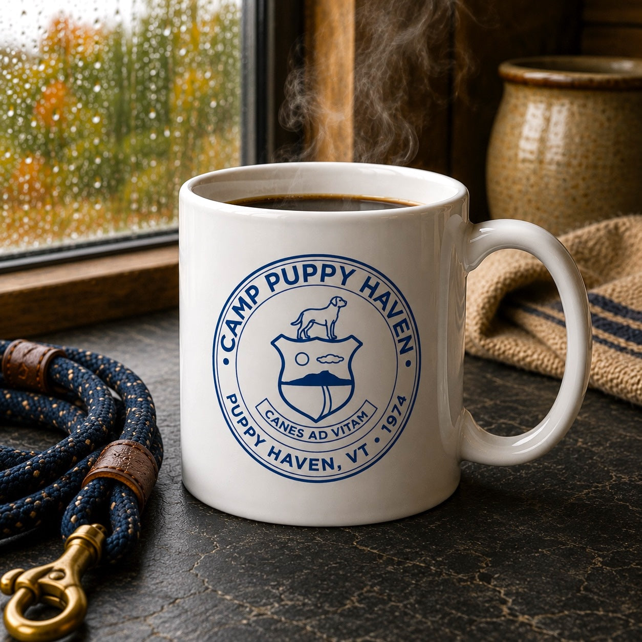 Camp Puppy Haven Badge Mug filled with coffee on a dark stone counter beside a navy rope leash, rain on the window behind